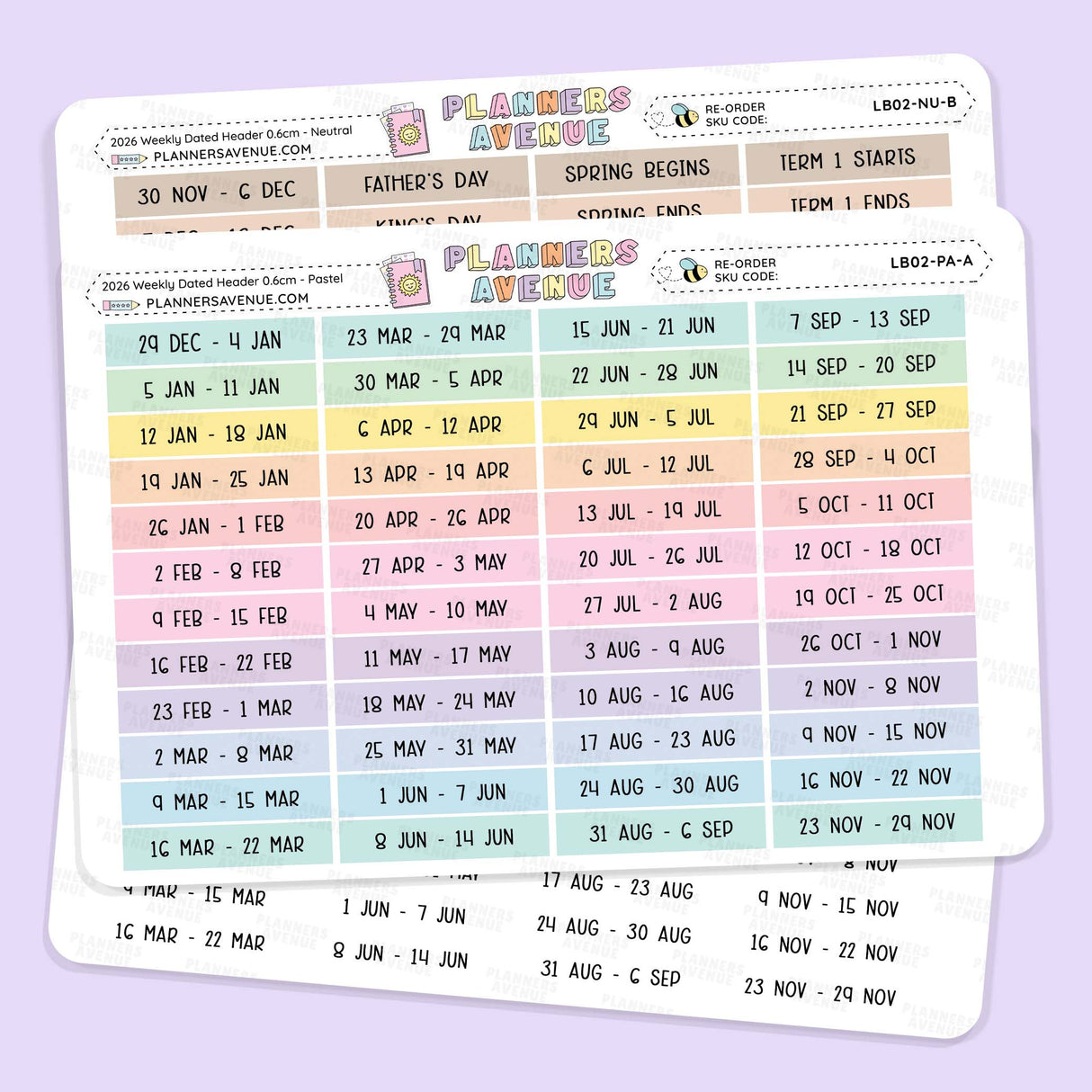 2026 Weekly Dated Header Planner Sticker sheets from Planner Avenue featuring a calendar grid with pastel-colored day blocks and labeled headers for days of the week and special events, shown on a light lavender background.