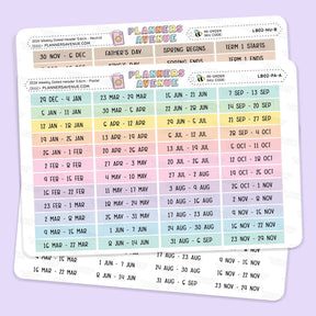 2026 Weekly Dated Header Planner Sticker sheets from Planner Avenue featuring a calendar grid with pastel-colored day blocks and labeled headers for days of the week and special events, shown on a light lavender background.