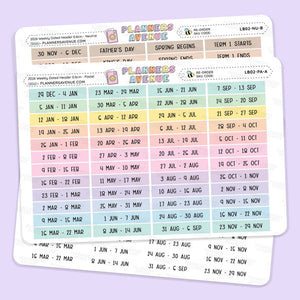 2026 Weekly Dated Header Planner Sticker sheets from Planner Avenue featuring a calendar grid with pastel-colored day blocks and labeled headers for days of the week and special events, shown on a light lavender background.