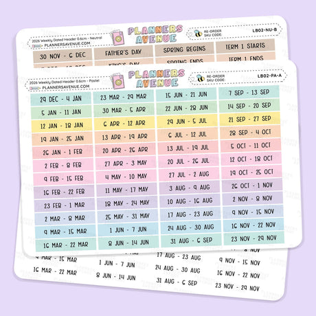 2026 Weekly Dated Header Planner Sticker sheets from Planner Avenue featuring a calendar grid with pastel-colored day blocks and labeled headers for days of the week and special events, shown on a light lavender background.