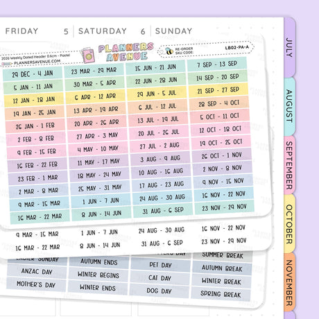 A close-up of a planner page with a weekly calendar layout labeled Friday through Sunday, featuring pastel color-coded days and a visible 'Planner Avenue' logo. Part of a vertical monthly tab strip with July through November is visible on the right edge. 2026 Weekly Dated Header Planner Stickers.