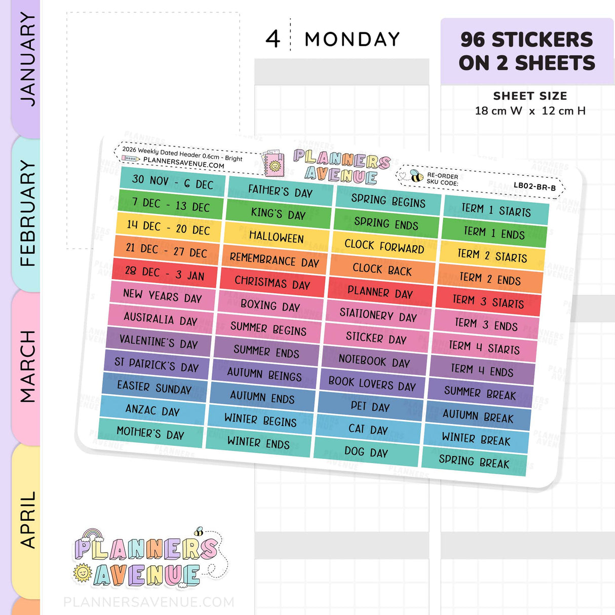2026 Weekly Dated Header Planner Stickers (2 Sticker Sheet Set)