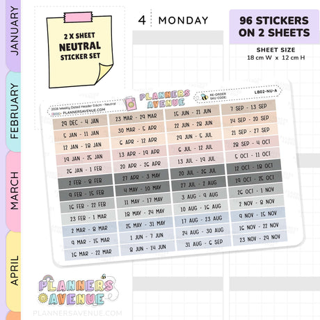 2026 Weekly Dated Header Planner Stickers (2 Sticker Sheet Set)