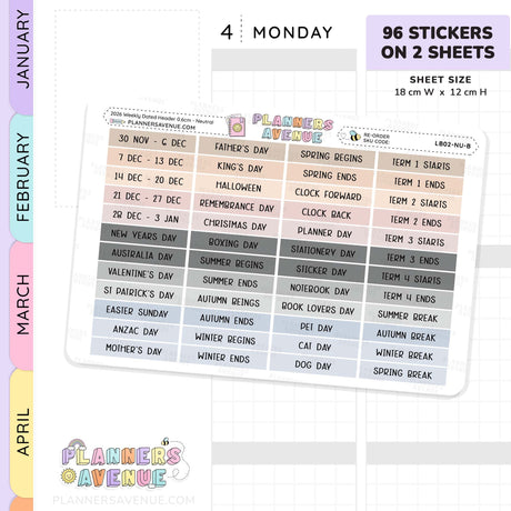 2026 Weekly Dated Header Planner Stickers (2 Sticker Sheet Set)