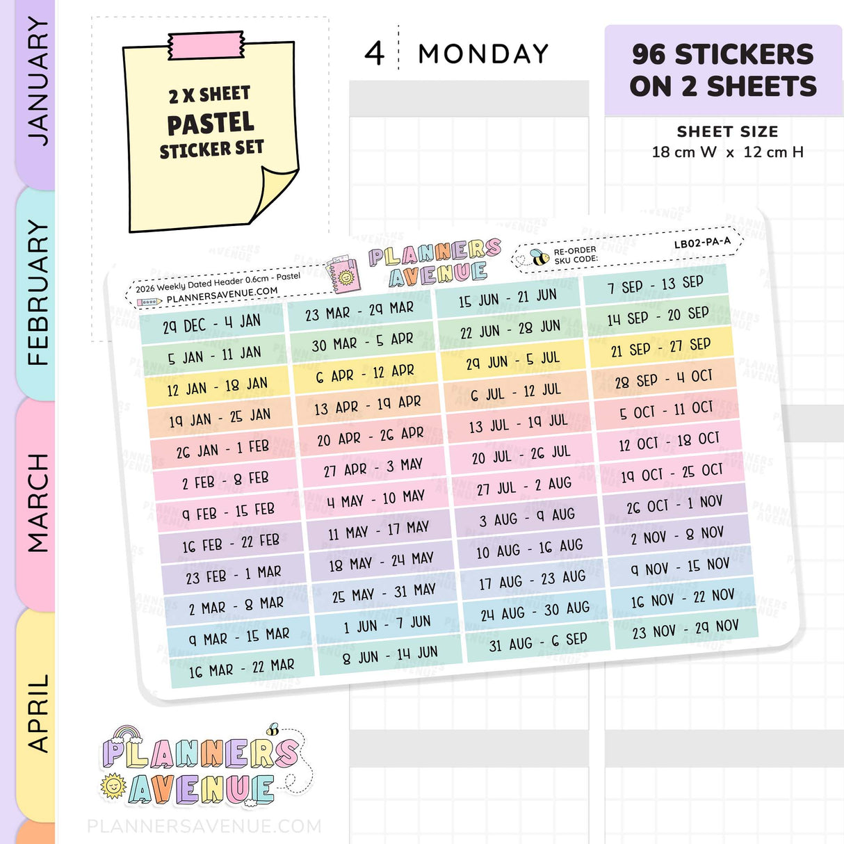 2026 Weekly Dated Header Planner sticker set preview showing a sheet of pastel monthly calendar stickers.