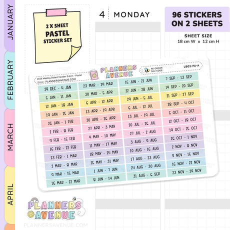 2026 Weekly Dated Header Planner sticker set preview showing a sheet of pastel monthly calendar stickers.