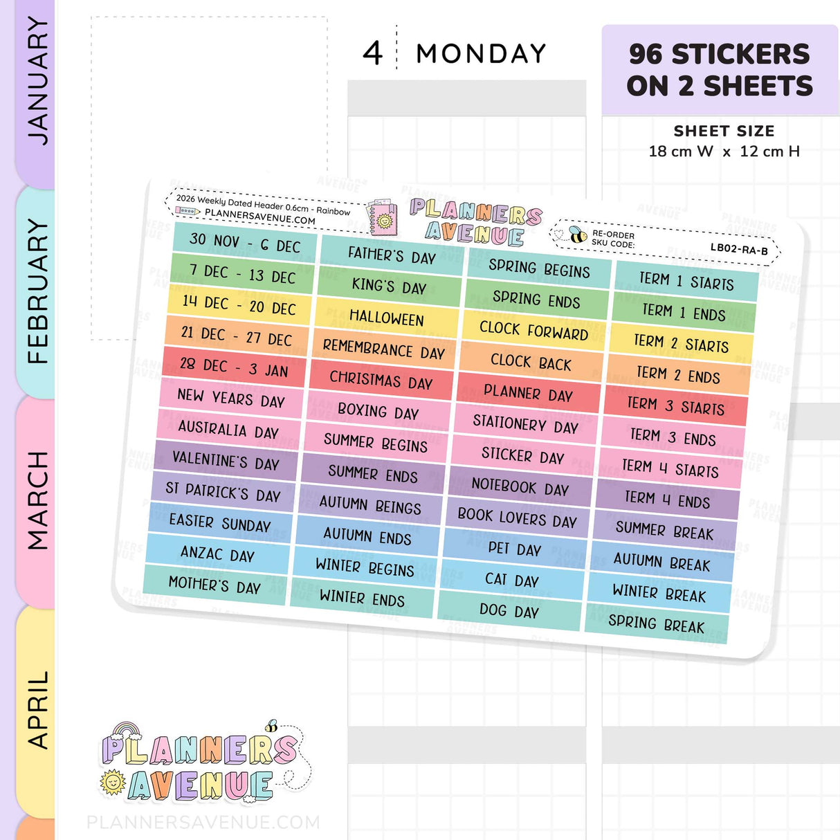 A sticker sheet product shown on a clean white background with a pastel sidebar. The sheet contains colorful weekday and event labels such as Monday, Father's Day, Halloween, Christmas, and spring break.