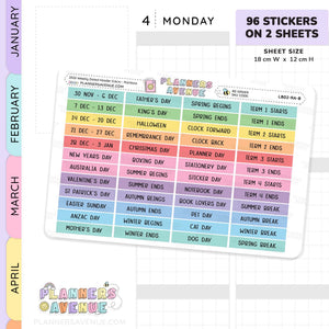 A sticker sheet product shown on a clean white background with a pastel sidebar. The sheet contains colorful weekday and event labels such as Monday, Father's Day, Halloween, Christmas, and spring break.