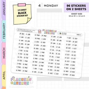 2026 Weekly Dated Header Planner sticker set for planning and tracking, featuring a calendar from January to December with daily numbers. The product is shown on two sheets, with a yellow sticky note indicating a 2x sheet black sticker set.