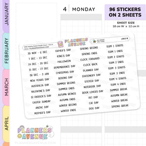 A product information graphic for 'Planner Avenue' stickers, showing a sample sticker sheet labeled '4 Monday' with a list of weekday and seasonal phrases. The image includes a purple header reading '96 Stickers on 2 Sheets' and a vertical color strip on the left with months in pastel colors.