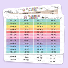 This Week Header Planner Stickers displayed on a light lavender background. The header stickers feature weekly planner labels with a grid of pastel-colored blocks in green, yellow, orange, pink, purple, and blue, along with header labels and a black bee logo.