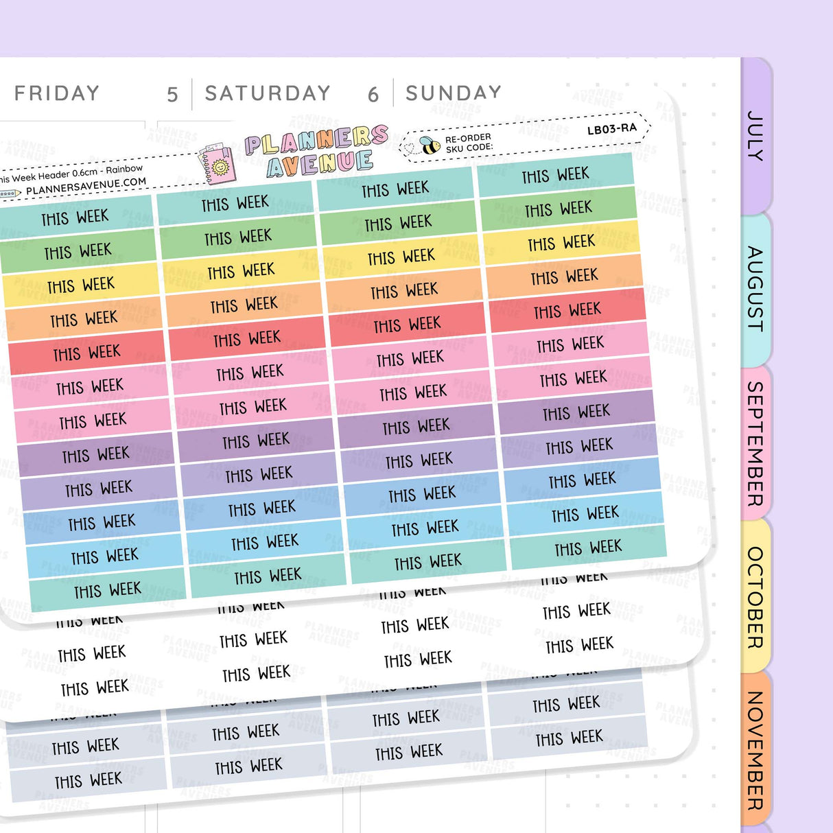 This Week Header Planner Stickers from Planner Avenue with colorful 'THIS WEEK' labels arranged on a white planner page. The sheets feature pastel rainbow gradients and are shown overlapping, with a lavender vertical tab on the right labeled July through November.