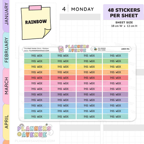 This Week Header Planner Stickers by Planners Avenue. The image shows a sheet of colorful weekly stickers in pastel rainbow shades, alongside informational text blocks indicating '4 Monday', '48 Stickers Per Sheet', and 'Sheet Size 18 cm W x 12 cm H'.