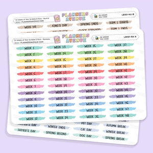 52 Weeks Year Scribble Sticker labels from Planners Average, featuring watercolor-style weekly and holiday date labels
