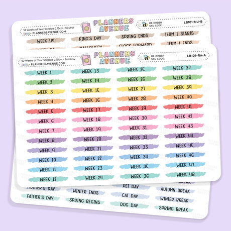 52 Weeks Year Scribble Sticker labels from Planners Average, featuring watercolor-style weekly and holiday date labels