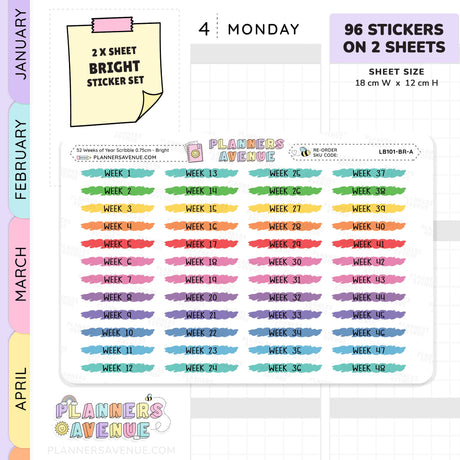52 Weeks of Year Scribble Stickers (Set of 2 sheets)