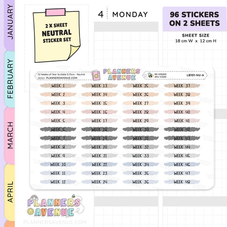 52 Weeks of Year Scribble Stickers (Set of 2 sheets)