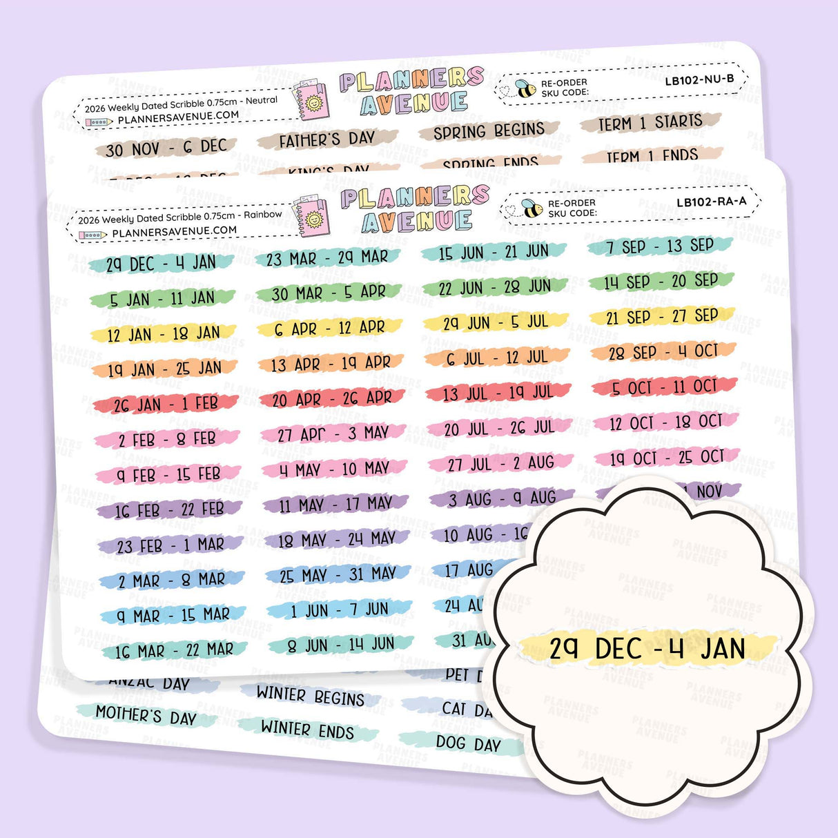 2026 weekly dated scribble stickers