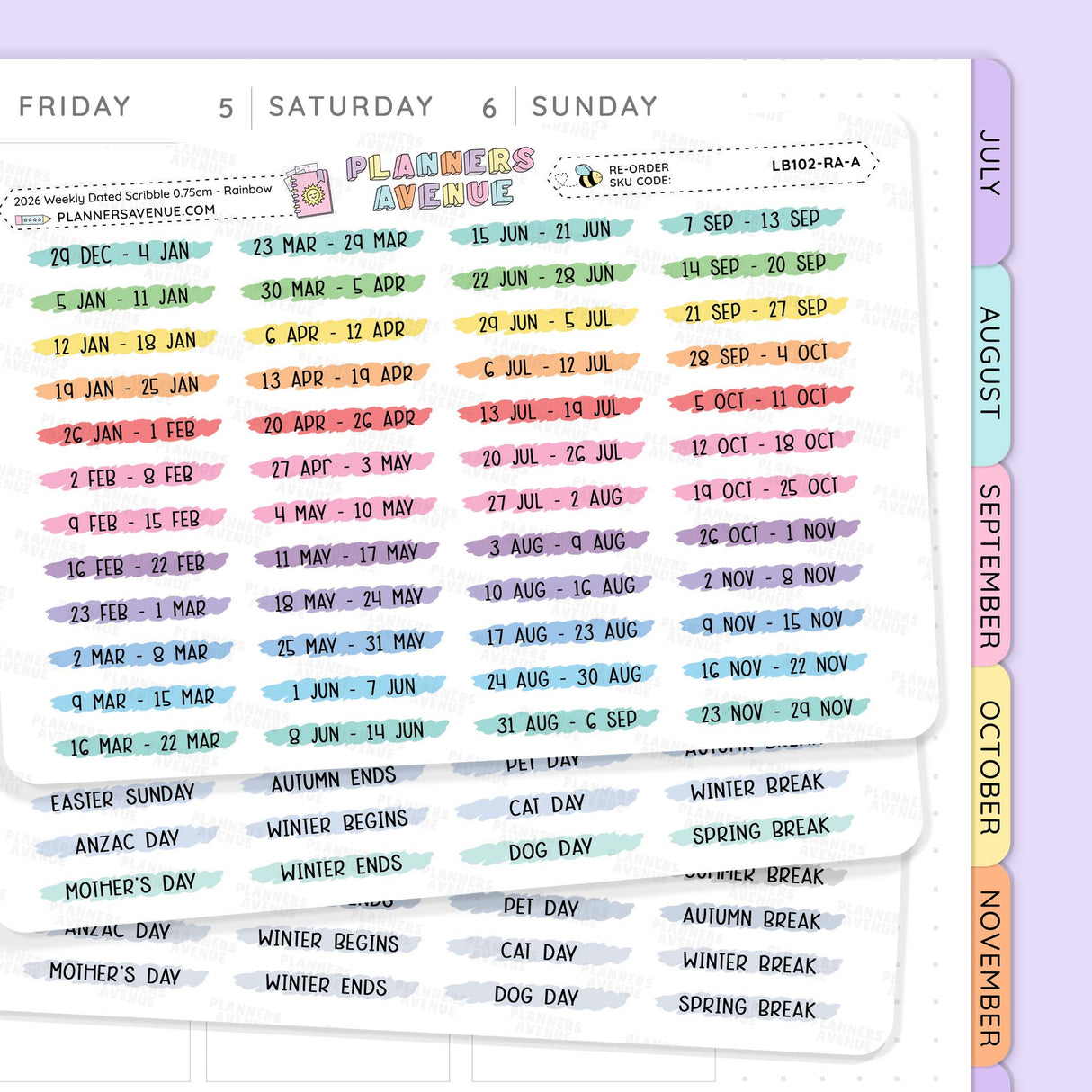 Weekly planner sticker sheet from Planner Avenue with colorful 2026 Weekly Dated Scribble Sticker labels for weekdays and holiday dates, shown on a white background with a vertical monthly tab strip on the right.