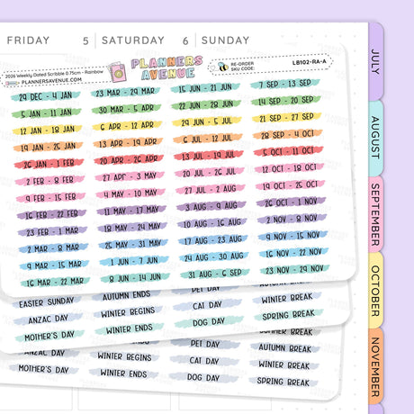 Weekly planner sticker sheet from Planner Avenue with colorful 2026 Weekly Dated Scribble Sticker labels for weekdays and holiday dates, shown on a white background with a vertical monthly tab strip on the right.