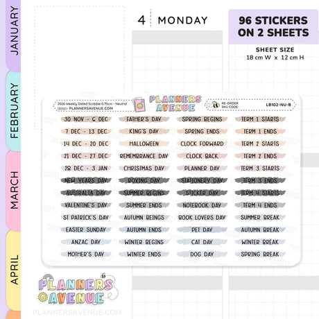 2026 Weekly Dated Scribble Stickers (2 Sticker Sheet Set)