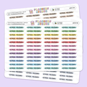 Three sticker sheets featuring the 'Planner Avenue' brand and 'School Holidays' text in multiple pastel colors, arranged on a light lavender background.