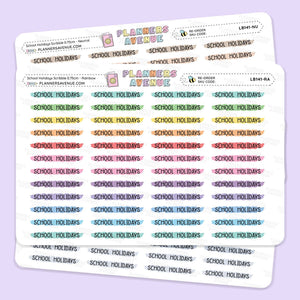 Three sticker sheets featuring the 'Planner Avenue' brand and 'School Holidays' text in multiple pastel colors, arranged on a light lavender background.