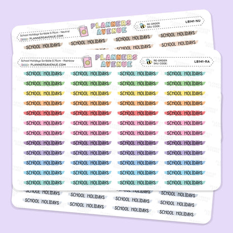 Three sticker sheets featuring the 'Planner Avenue' brand and 'School Holidays' text in multiple pastel colors, arranged on a light lavender background.