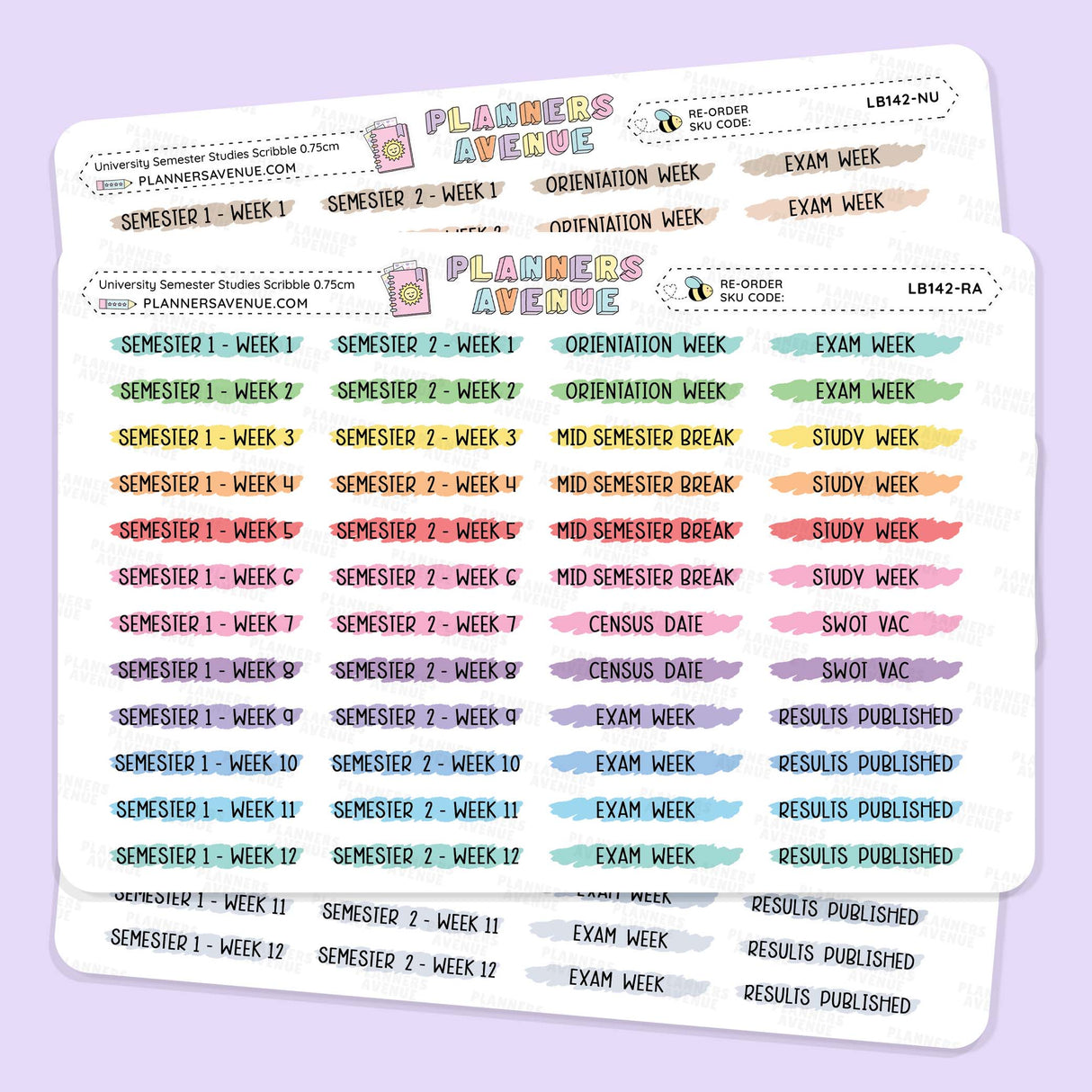 University Semester Scribble Stickers sheets from Planner Avenue featuring semester and exam week labels in various pastel colors, displayed on a light lavender background.