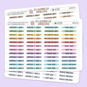 University Semester Scribble Stickers sheets from Planner Avenue featuring semester and exam week labels in various pastel colors, displayed on a light lavender background.