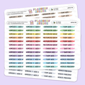 University Semester Scribble Stickers sheets from Planner Avenue featuring semester and exam week labels in various pastel colors, displayed on a light lavender background.
