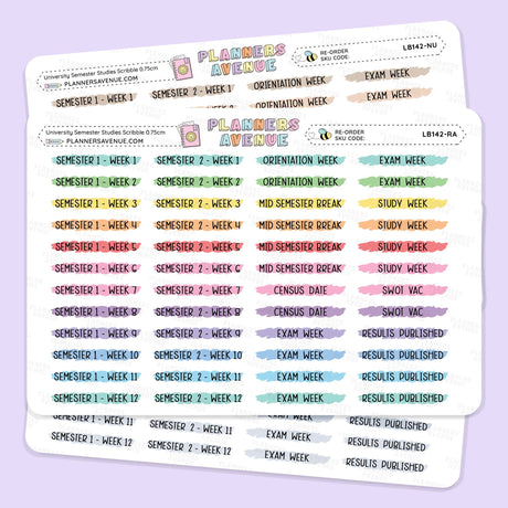 University Semester Scribble Stickers sheets from Planner Avenue featuring semester and exam week labels in various pastel colors, displayed on a light lavender background.
