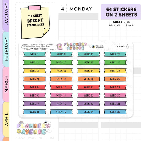 52 Weeks of Year Banner Flag Stickers (Set of 2 sheets)