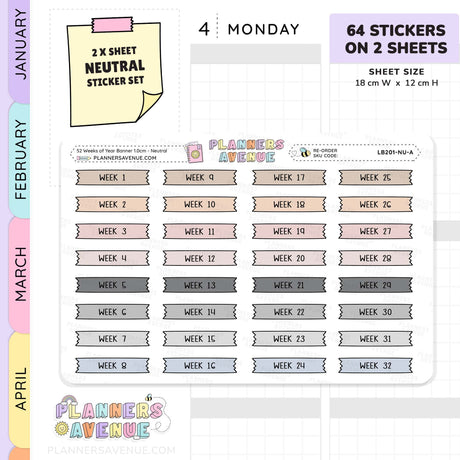 52 Weeks of Year Banner Flag Stickers (Set of 2 sheets)