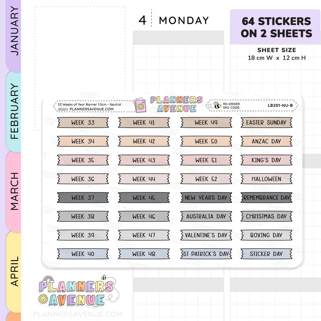52 Weeks of Year Banner Flag Stickers (Set of 2 sheets)