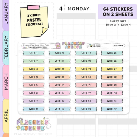 52 Weeks of Year Banner Flag Stickers (Set of 2 sheets)