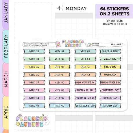52 Weeks of Year Banner Flag Stickers (Set of 2 sheets)