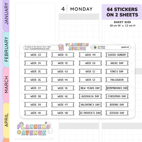 52 Weeks of Year Banner Flag Stickers (Set of 2 sheets)
