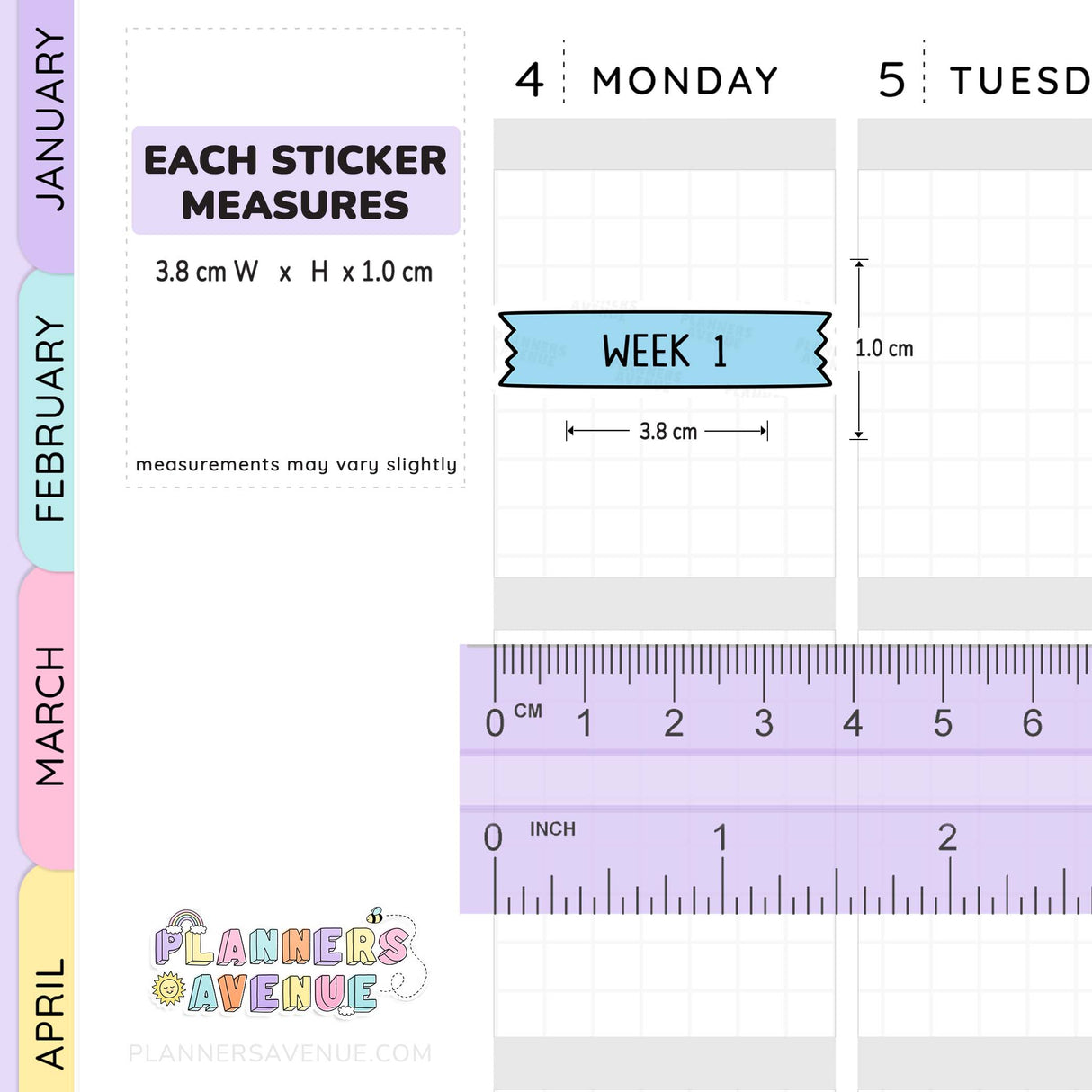 52 Weeks of Year Banner Flag Stickers measurement guide showing a weekly planner page with dimensions labeled 3.8 cm x 1.