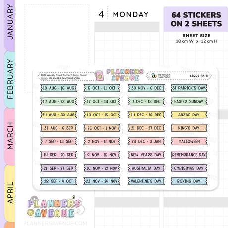 2026 Weekly Dated Banner Flag Stickers (2 Sticker Sheet Set)