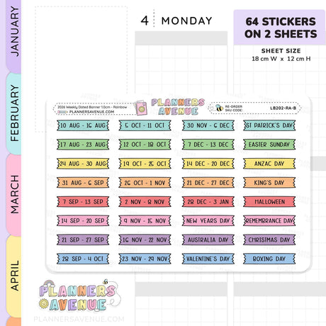 2026 Weekly Dated Banner Flag Stickers (2 Sticker Sheet Set)