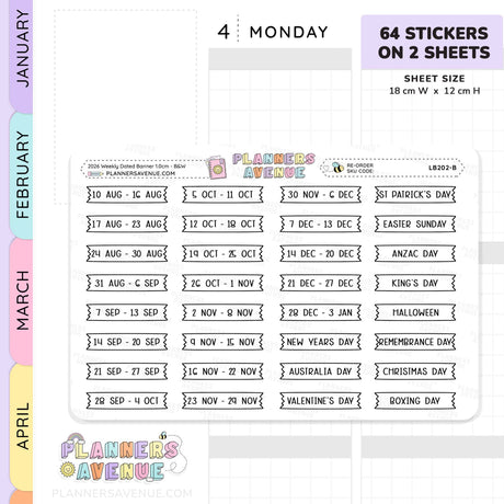 2026 Weekly Dated Banner Flag Stickers (2 Sticker Sheet Set)