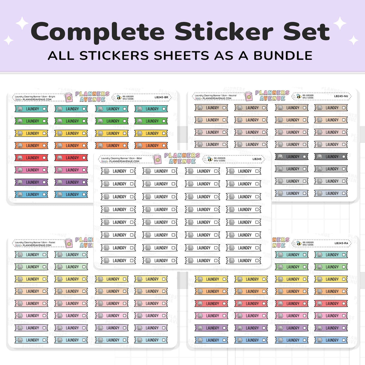 Clean Laundry Banner Flag Stickers complete sticker set showing multiple sheets of colorful and neutral labels arranged on a white background with a lavender header that reads 'Complete Sticker Set' and 'ALL STICKERS SHEETS AS A BUNDLE.'.