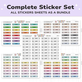 Clean Laundry Banner Flag Stickers complete sticker set showing multiple sheets of colorful and neutral labels arranged on a white background with a lavender header that reads 'Complete Sticker Set' and 'ALL STICKERS SHEETS AS A BUNDLE.'.