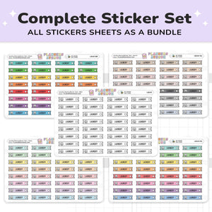 Clean Laundry Banner Flag Stickers complete sticker set showing multiple sheets of colorful and neutral labels arranged on a white background with a lavender header that reads 'Complete Sticker Set' and 'ALL STICKERS SHEETS AS A BUNDLE.'.