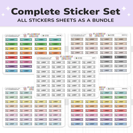 Clean Laundry Banner Flag Stickers complete sticker set showing multiple sheets of colorful and neutral labels arranged on a white background with a lavender header that reads 'Complete Sticker Set' and 'ALL STICKERS SHEETS AS A BUNDLE.'.