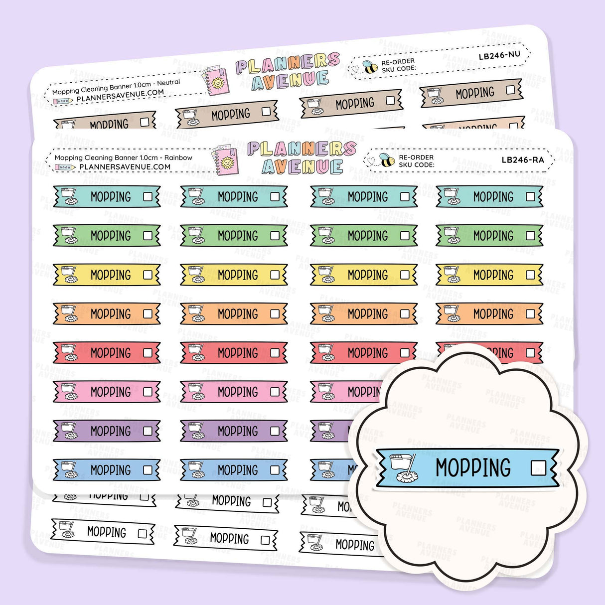 Clean Mopping Banner Flag Stickers featuring colorful 'MOPPING' label banners in various pastel shades, displayed on a light lavender background with a decorative cloud-shaped label overlay.