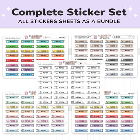 Clean Mopping Banner Flag Stickers complete sticker set showing multiple sheets of decorative labels arranged on a white background with a lavender header. The text at the top reads 'Complete Sticker Set' and 'ALL STICKERS SHEETS AS A BUNDLE.