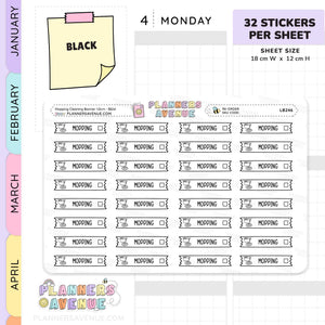 A sticker sheet preview for mopping planner stickers, showing multiple small rectangular bathroom-themed labels arranged on a white sheet. The image includes planner-style tabs for January through April, a yellow sticky note graphic, and text stating '4 MONDAY', '32 STICKERS PER SHEET', and 'SHEET SIZE 18 cm W x 12 cm H'.