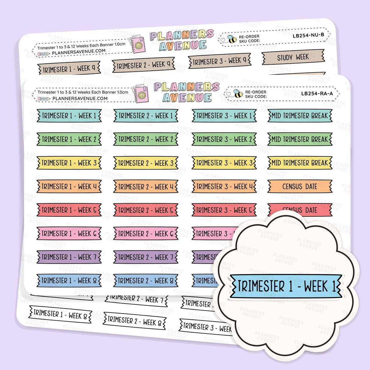 Two planner sticker sheets from Planner Avenue labeled Trimester 1 to 3 with 12 Weeks shaped Banner Flag Stickers 